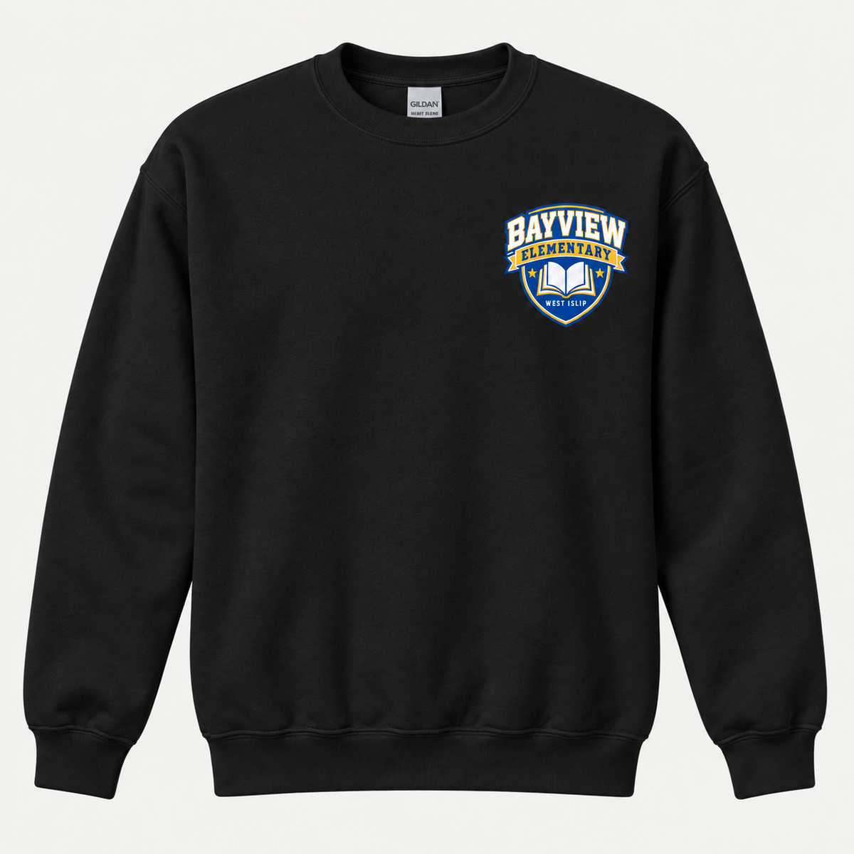 Bayview Elementary adult crewneck sweatshirt in black with blue and gold left-chest book crest
