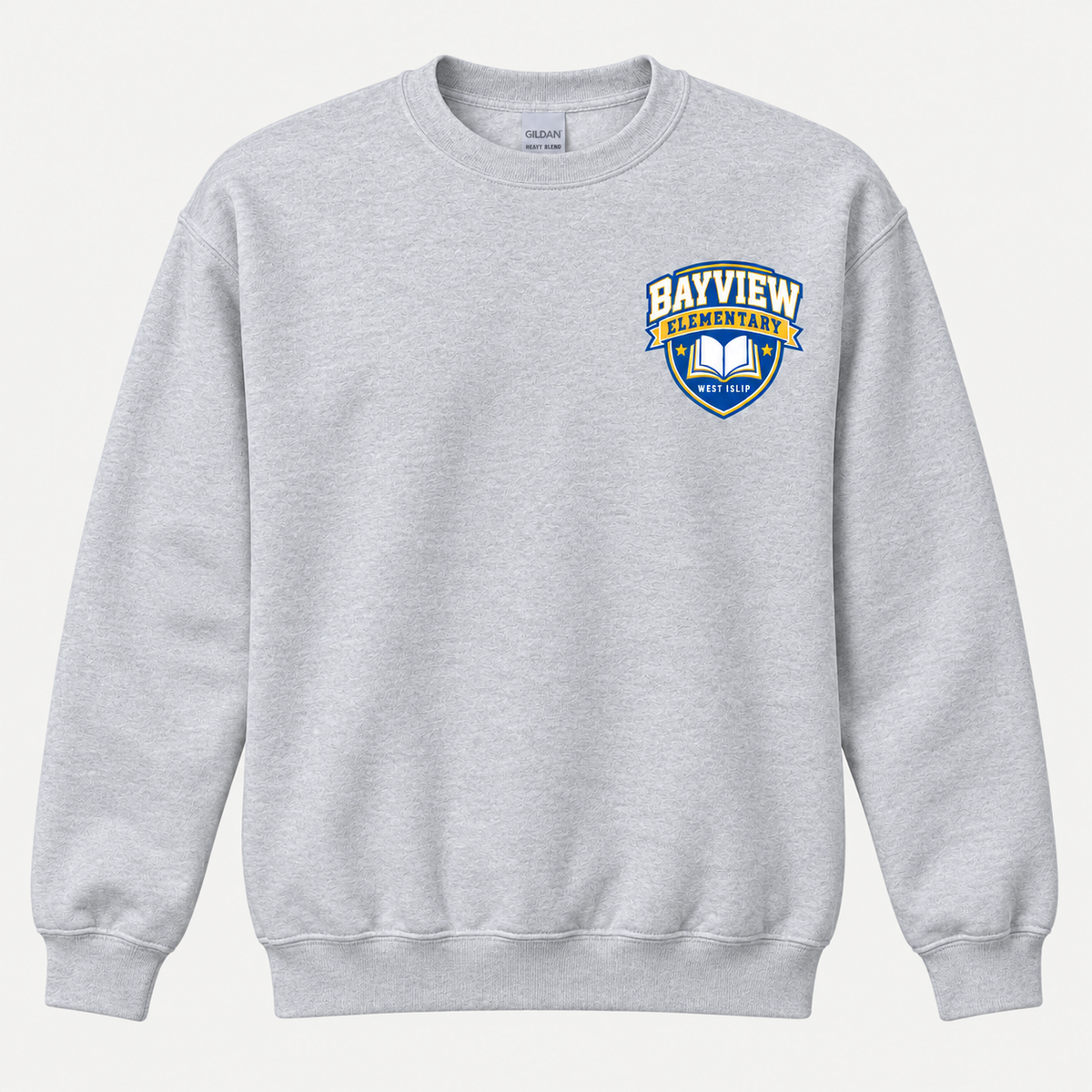 Bayview Elementary adult crewneck sweatshirt in sport-grey with blue and gold left-chest book crest