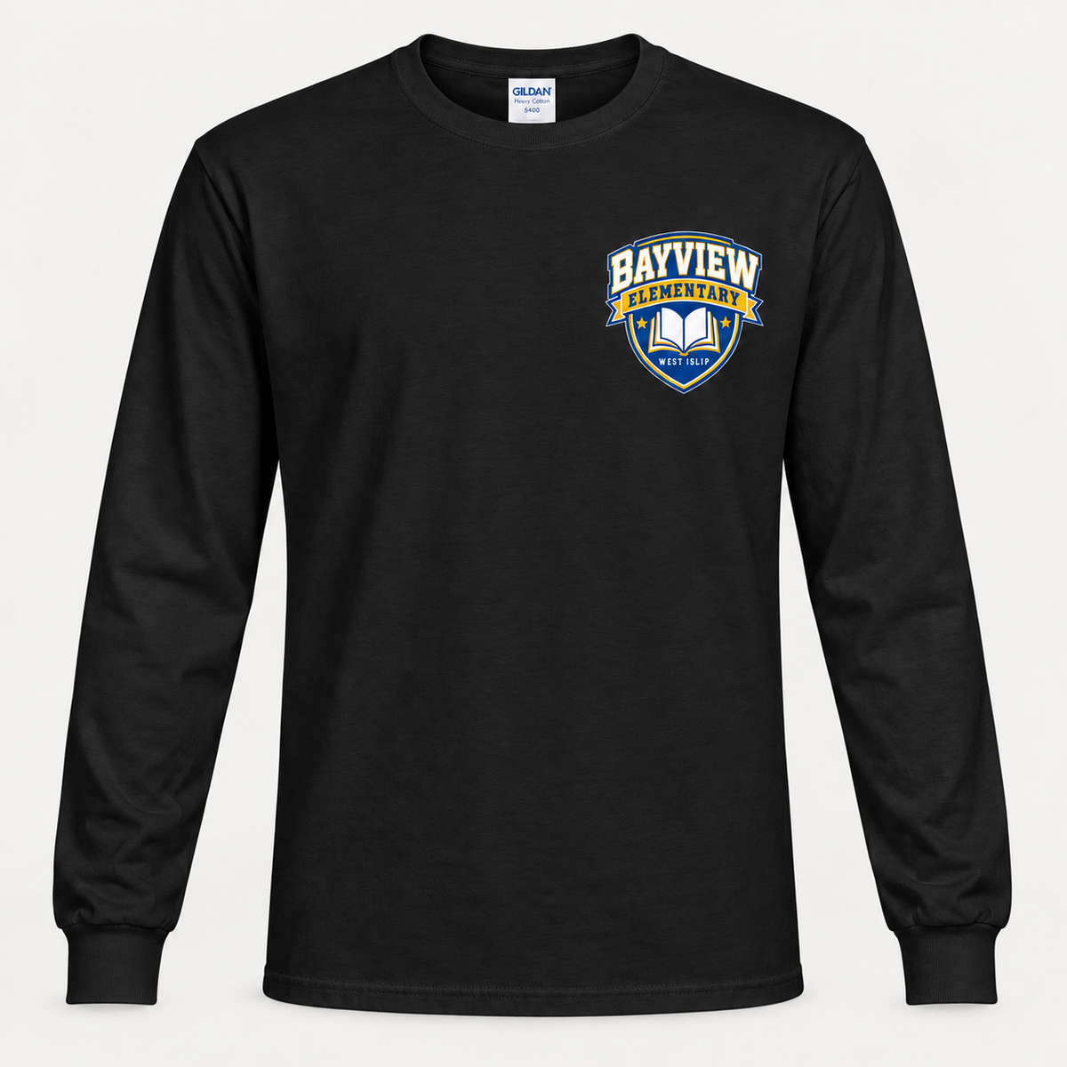 Bayview Elementary adult long-sleeve shirt in black with blue and gold left-chest book crest