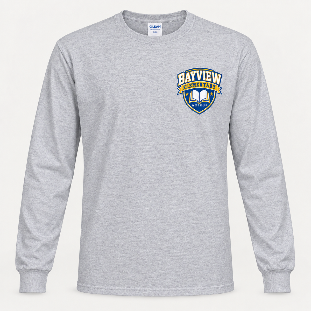 Bayview Elementary adult long-sleeve shirt in sport-grey with blue and gold left-chest book crest