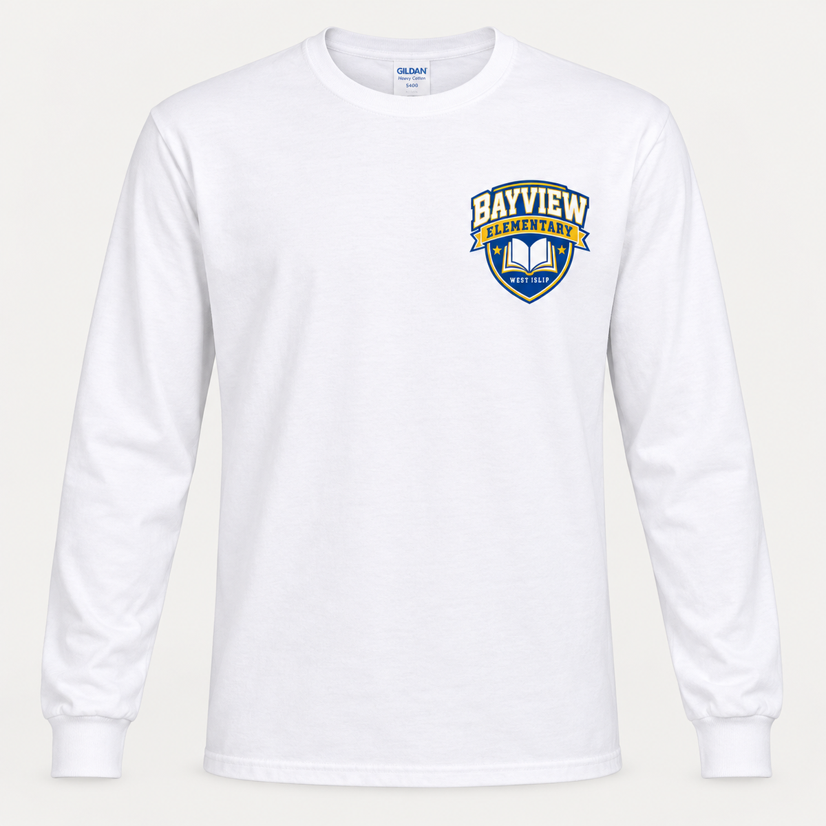 Bayview Elementary adult long-sleeve shirt in white with blue and gold left-chest book crest