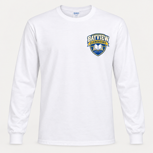 Bayview Elementary adult long-sleeve shirt in white with blue and gold left-chest book crest