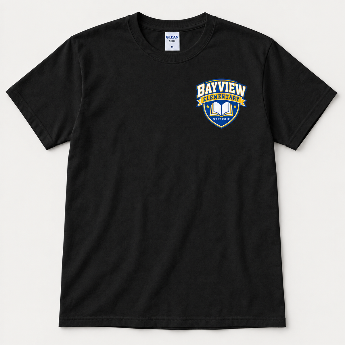 Bayview Elementary adult unisex T-shirt in black with blue and gold left-chest book crest