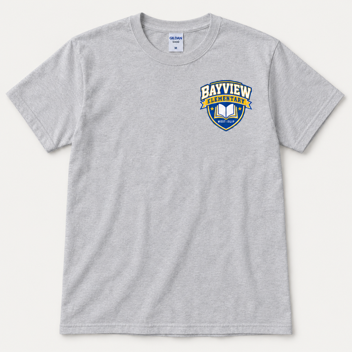 Bayview Elementary adult unisex T-shirt in sport-grey with blue and gold left-chest book crest