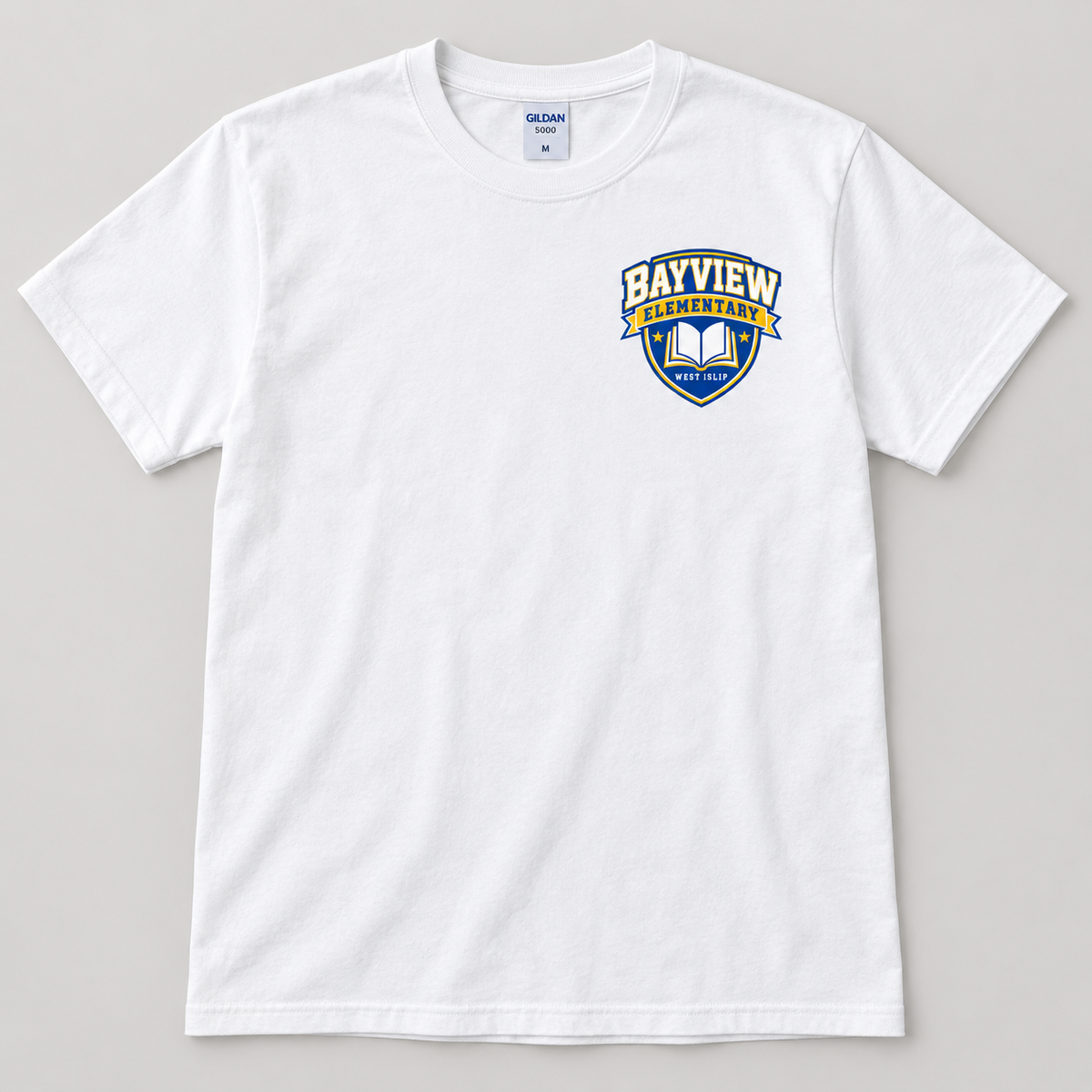 Bayview Elementary adult unisex T-shirt in white with blue and gold left-chest book crest