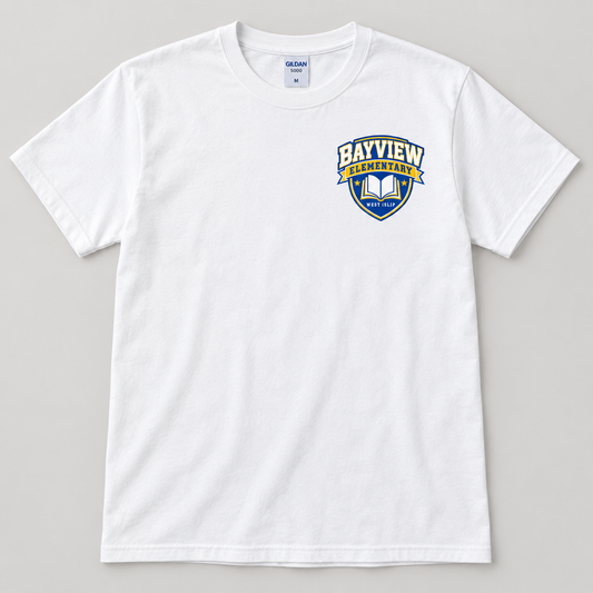 Bayview Elementary adult unisex T-shirt in white with blue and gold left-chest book crest