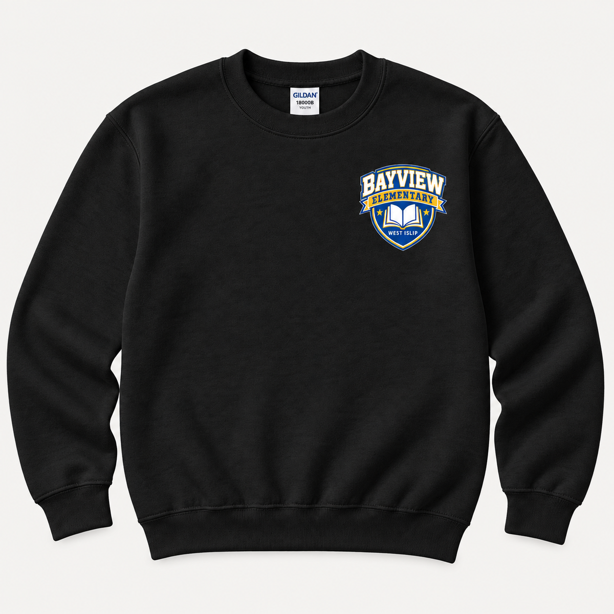 Bayview Elementary youth crewneck sweatshirt in black with blue and gold left-chest book crest