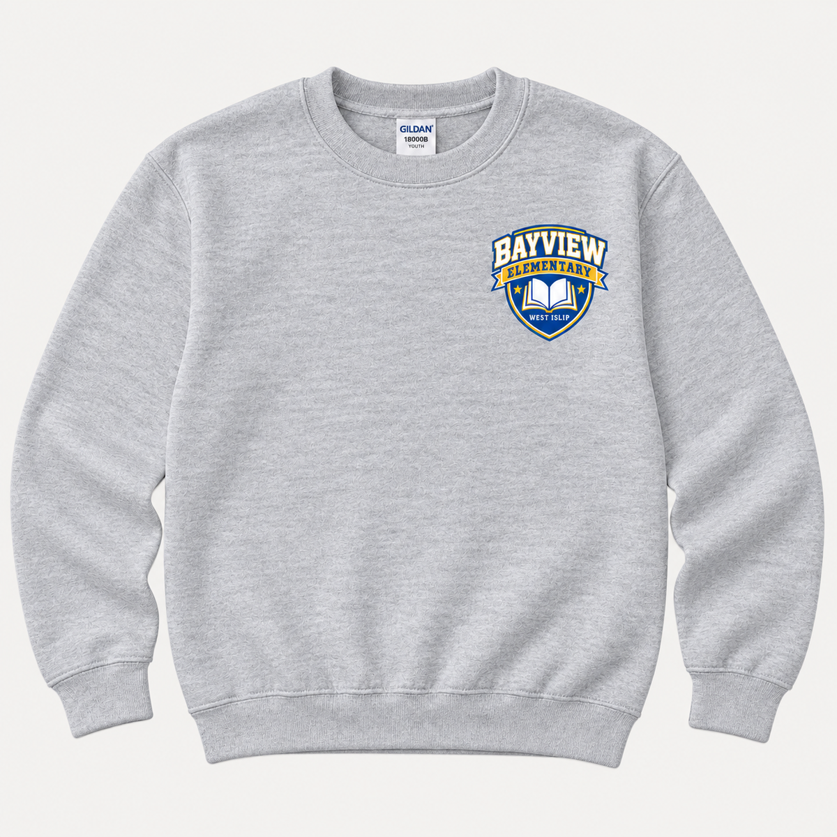 Bayview Elementary youth crewneck sweatshirt in sport-grey with blue and gold left-chest book crest