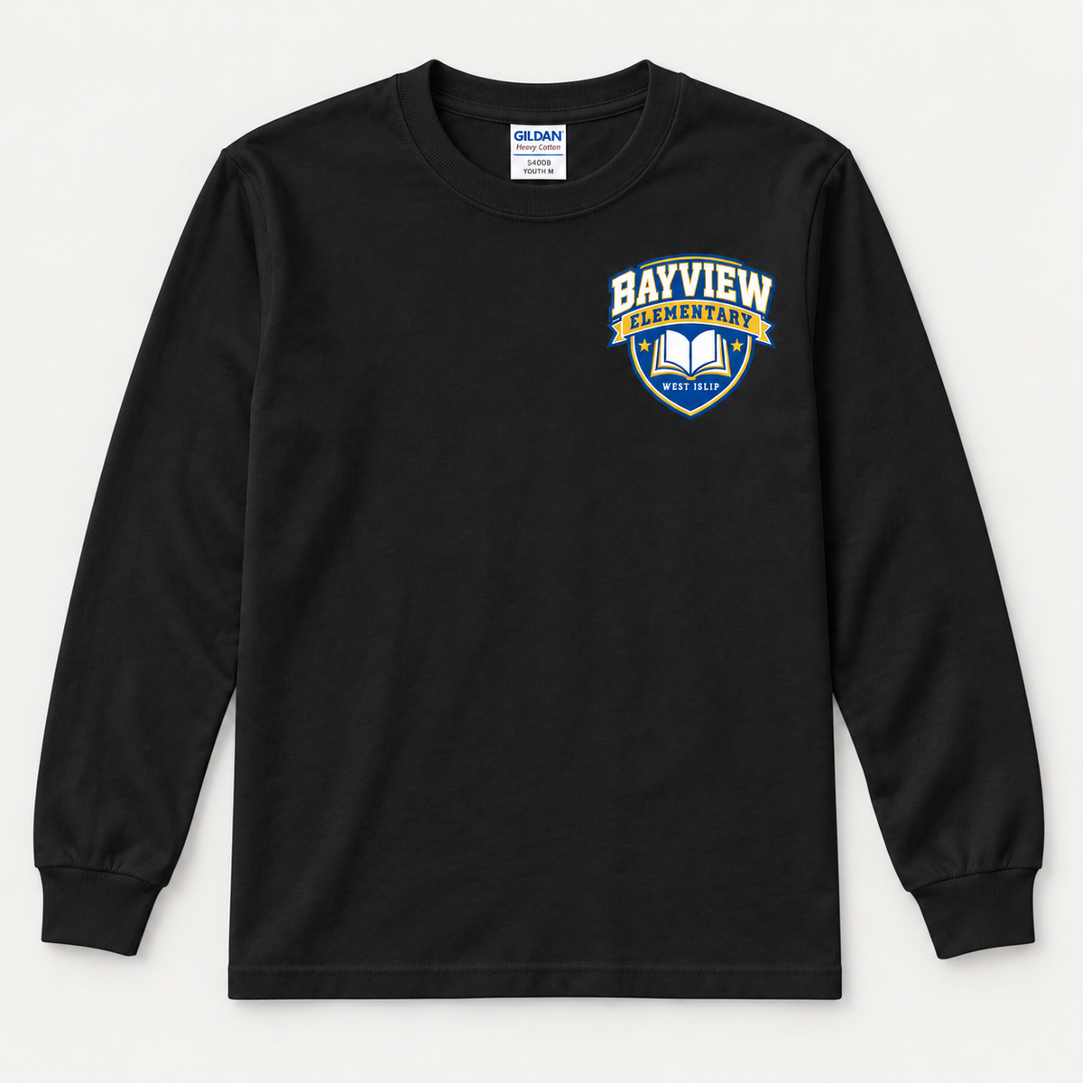 Bayview Elementary youth long-sleeve shirt in black with blue and gold left-chest book crest