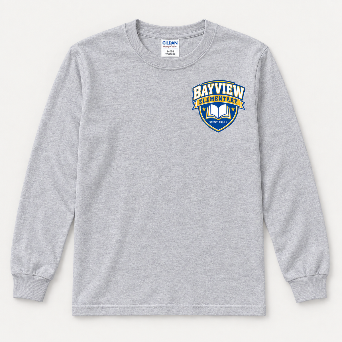 Bayview Elementary youth long-sleeve shirt in sport-grey with blue and gold left-chest book crest