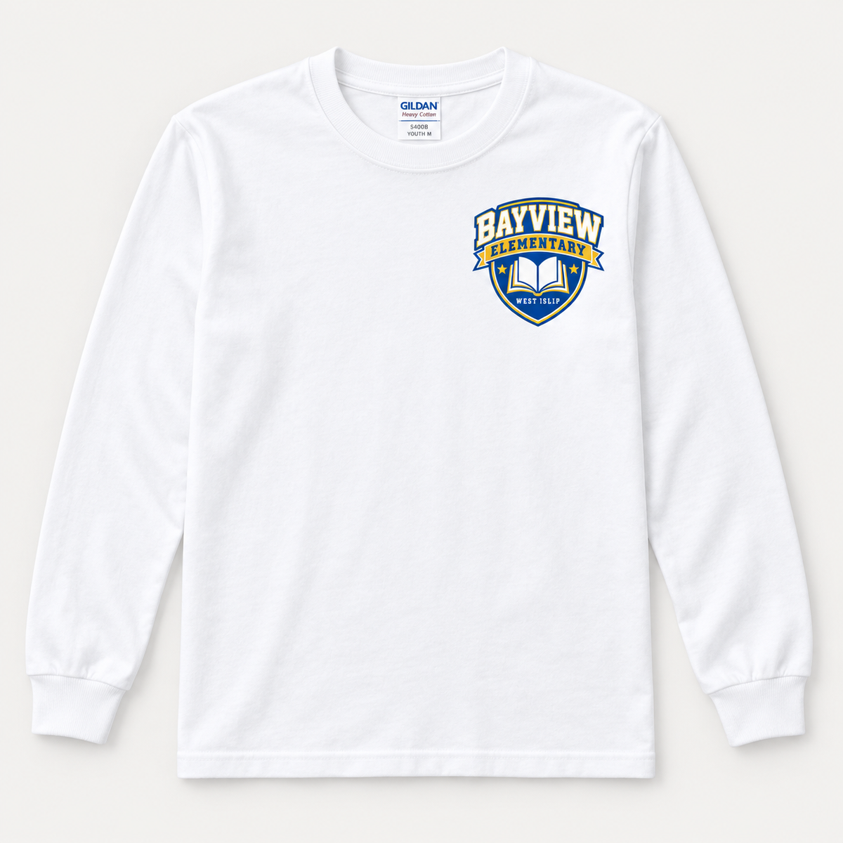 Bayview Elementary youth long-sleeve shirt in white with blue and gold left-chest book crest