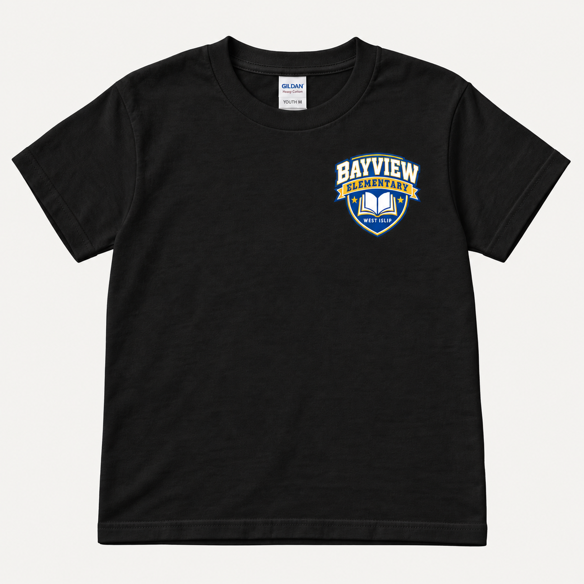 Black Bayview Elementary youth T-shirt, blue and gold left-chest book crest