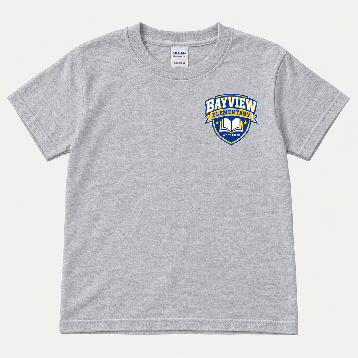 Sport Grey Bayview Elementary youth T-shirt, blue and gold left-chest book crest