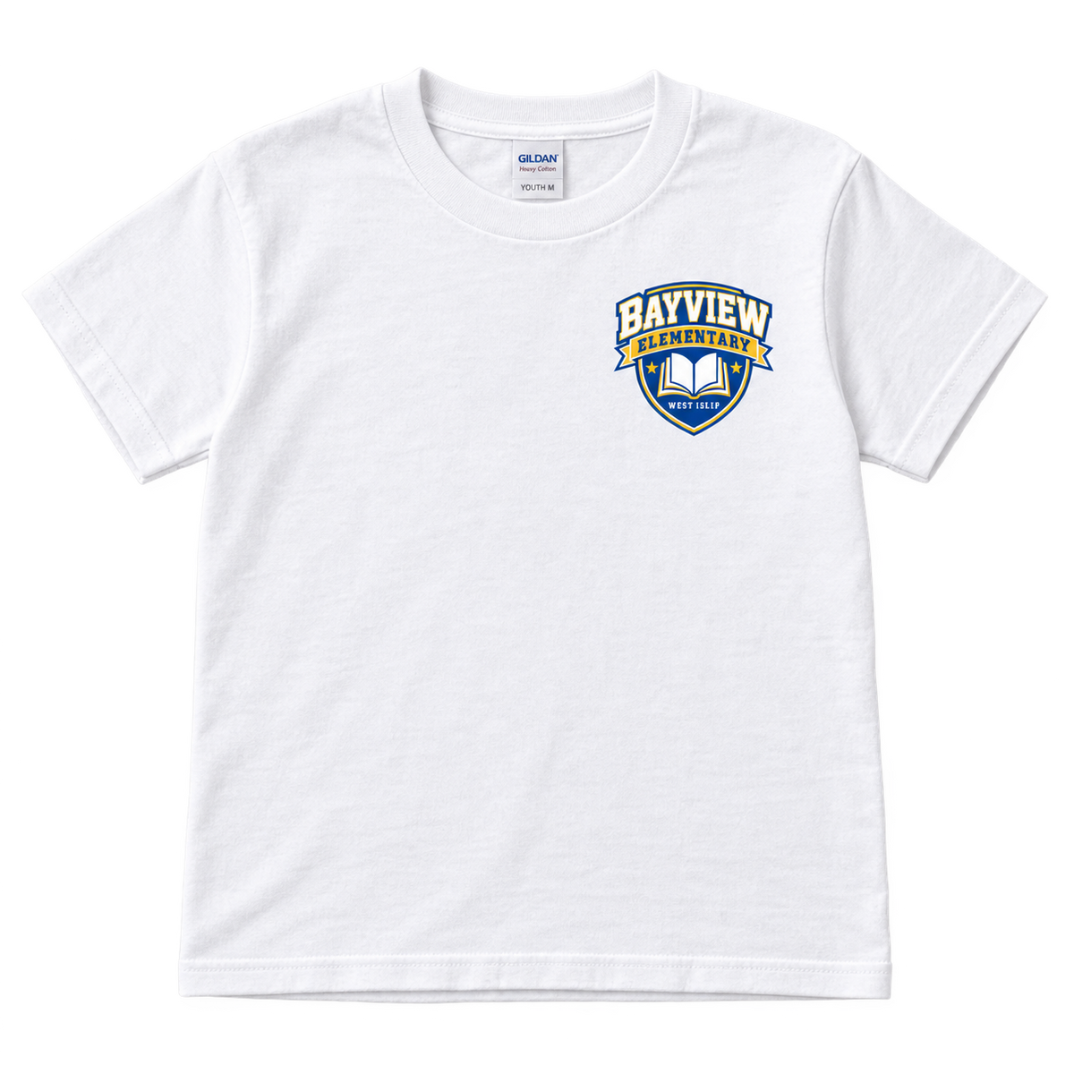 White Bayview Elementary youth T-shirt, blue and gold left-chest book crest