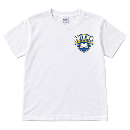 White Bayview Elementary youth T-shirt, blue and gold left-chest book crest