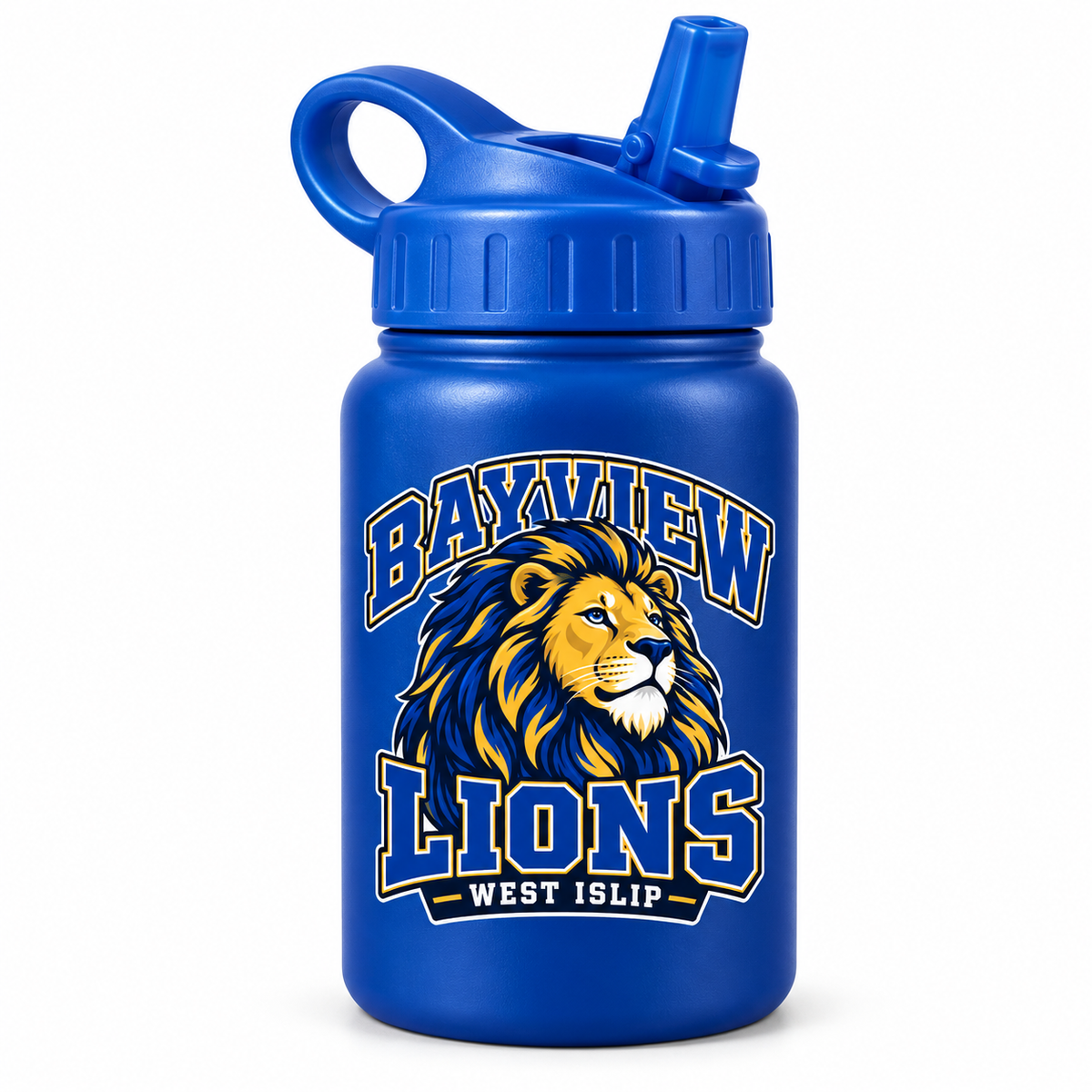 Bayview Kids Flip-Straw Water Bottle — Royal Blue, new varsity lion artwork