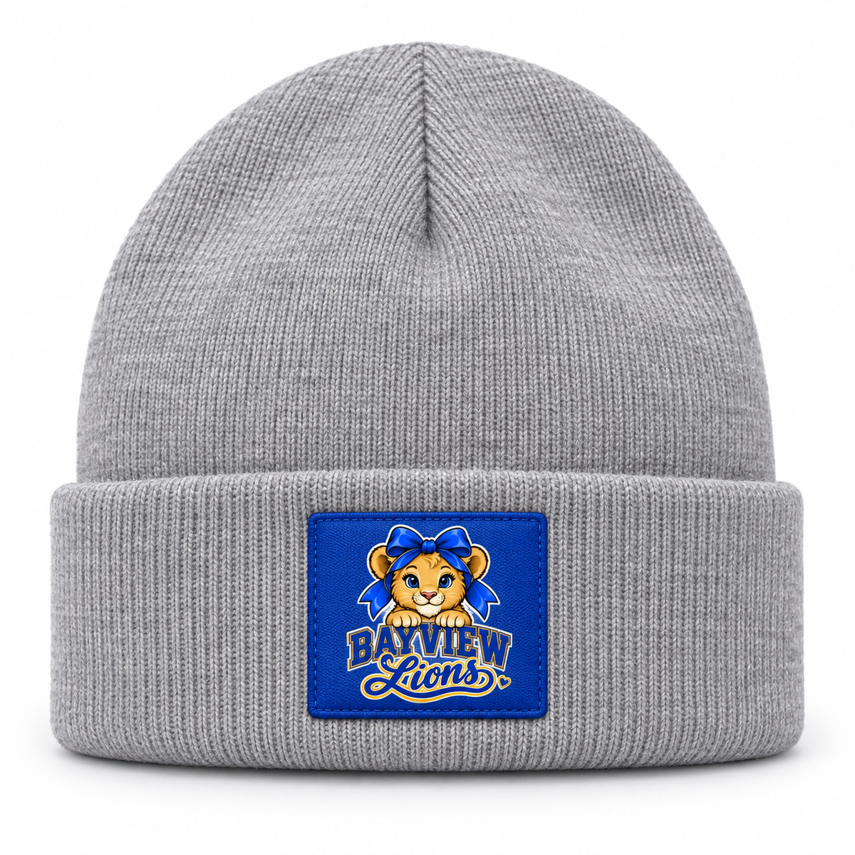 Bayview Bow Lion Cuffed Patch Beanie in Heather Gray, Bayview Elementary West Islip