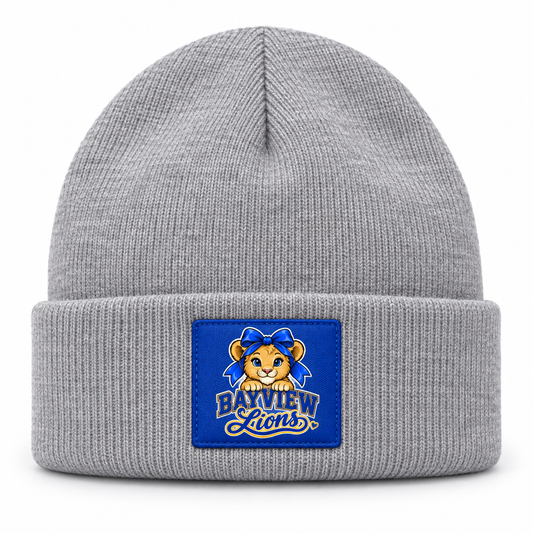 Bayview Bow Lion Cuffed Patch Beanie in Heather Gray, Bayview Elementary West Islip