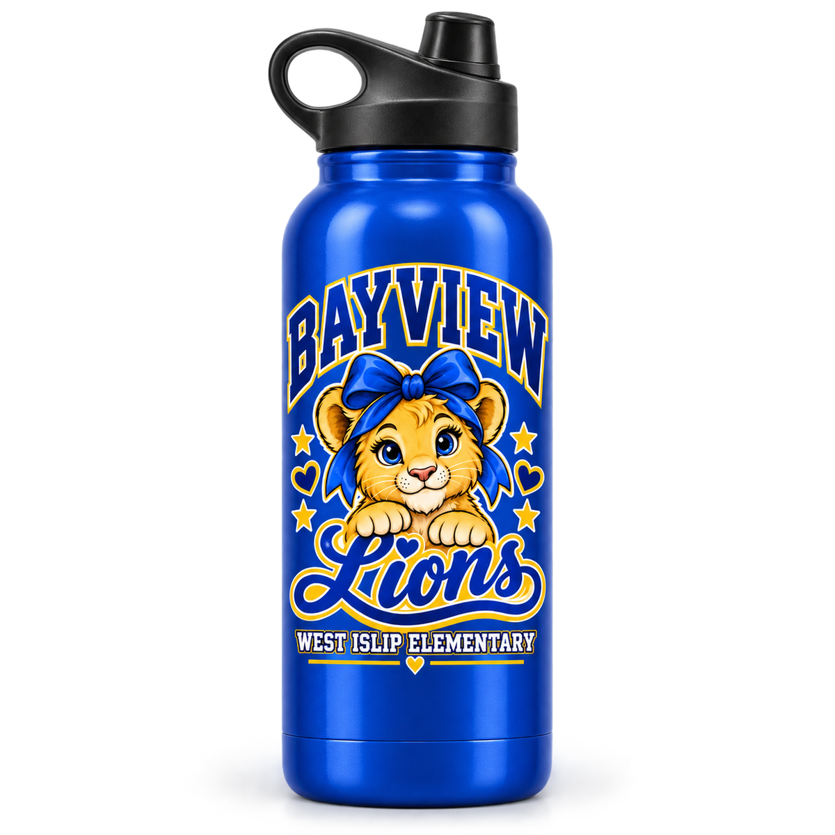 Royal Blue Bayview Elementary stainless water bottle with golden bow lion print, West Islip
