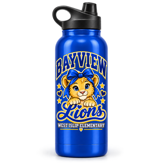 Royal Blue Bayview Elementary stainless water bottle with golden bow lion print, West Islip