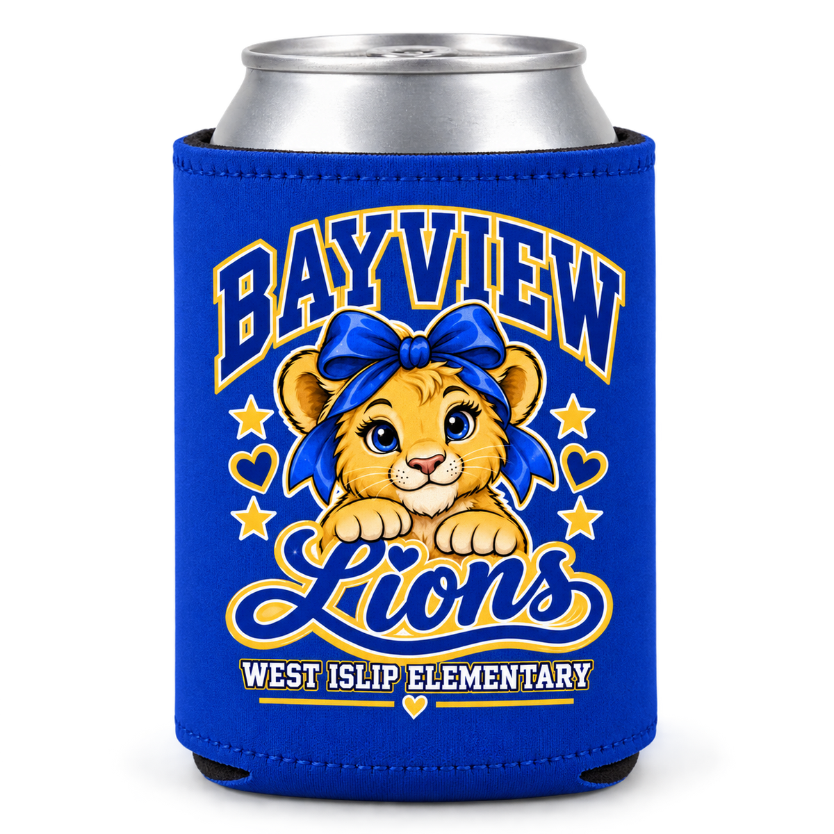 Bayview Elementary can cooler with golden bow lion print in blue and gold, West Islip