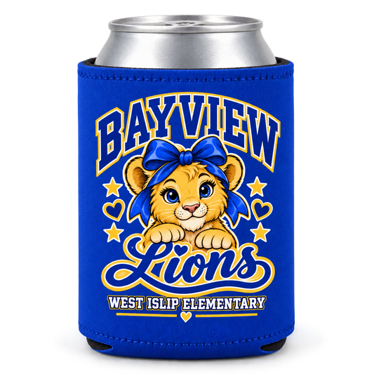 Bayview Elementary can cooler with golden bow lion print in blue and gold, West Islip