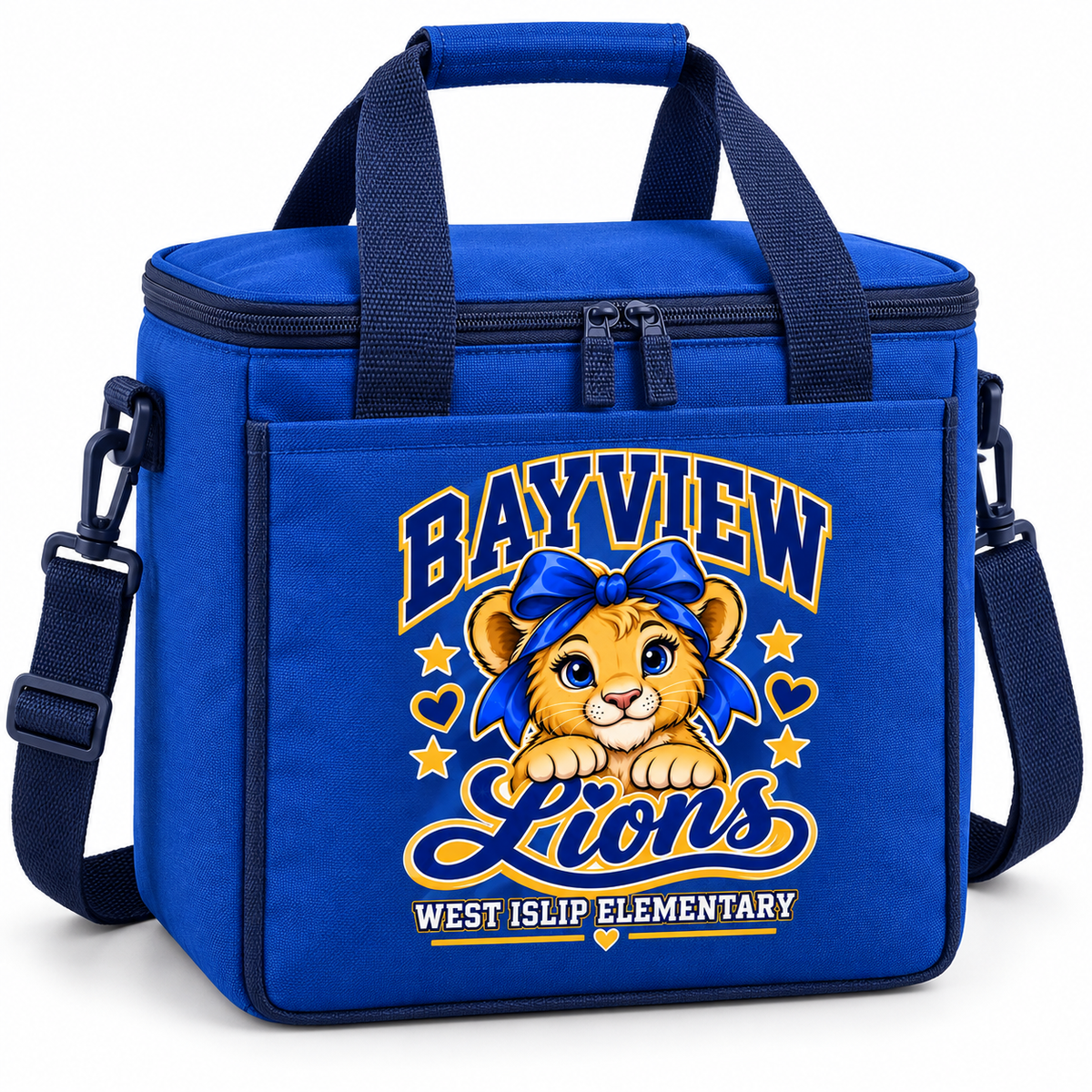 Bayview Elementary insulated cooler bag with golden bow lion print in blue and gold, West Islip