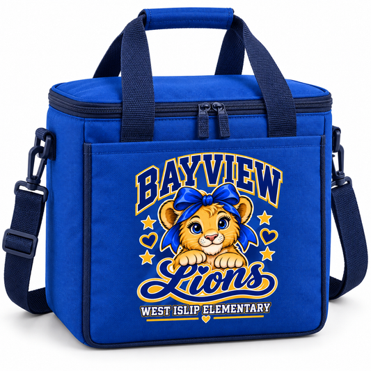 Bayview Elementary insulated cooler bag with golden bow lion print in blue and gold, West Islip
