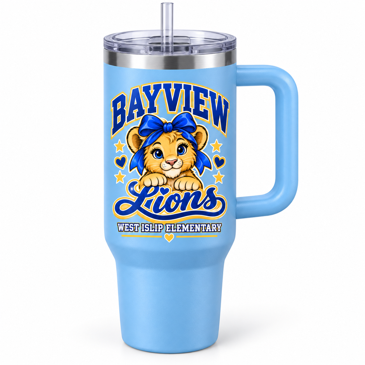 Bayview Elementary West Islip bow lion 40 oz Handle Tumbler, Light Blue