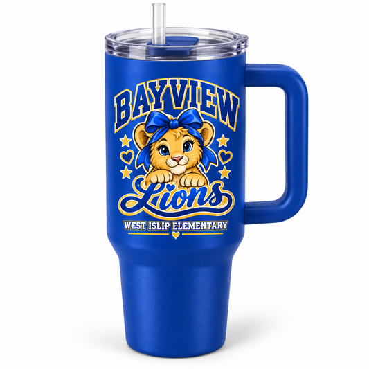 Bayview Elementary West Islip bow lion 40 oz Handle Tumbler, Royal Blue