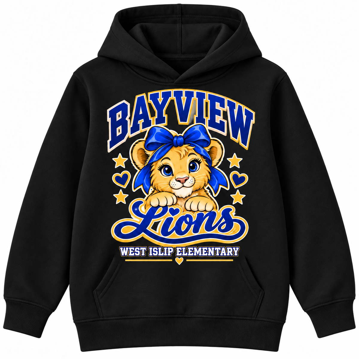 Bayview Elementary West Islip bow lion hoodie in Black, front view