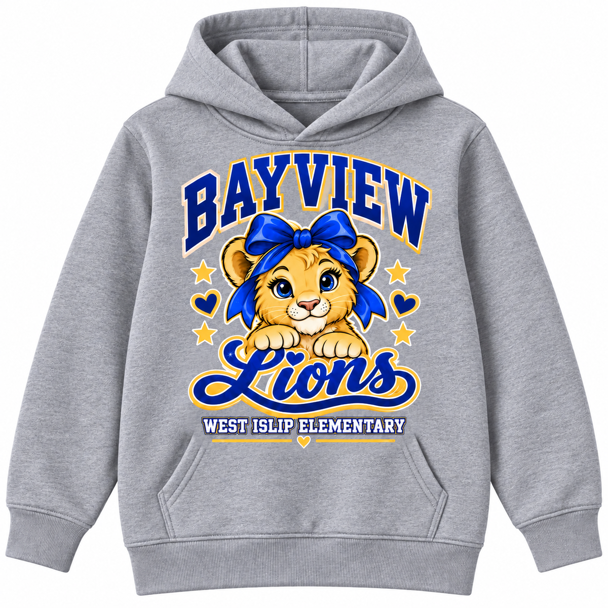 Bayview Elementary West Islip bow lion hoodie, Heather Gray, front view