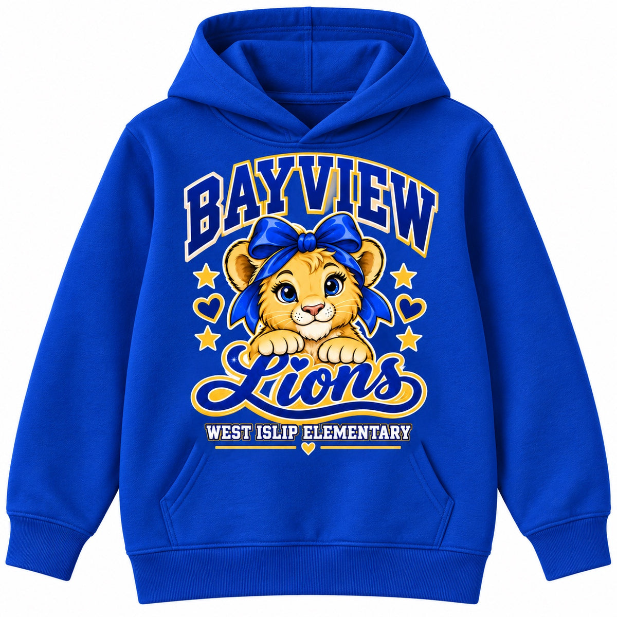 Bayview Elementary West Islip bow lion hoodie, Royal Blue, front view
