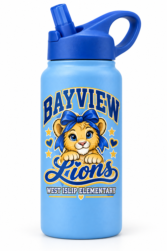 Light Blue Bayview Elementary kids water bottle with golden bow lion print, West Islip