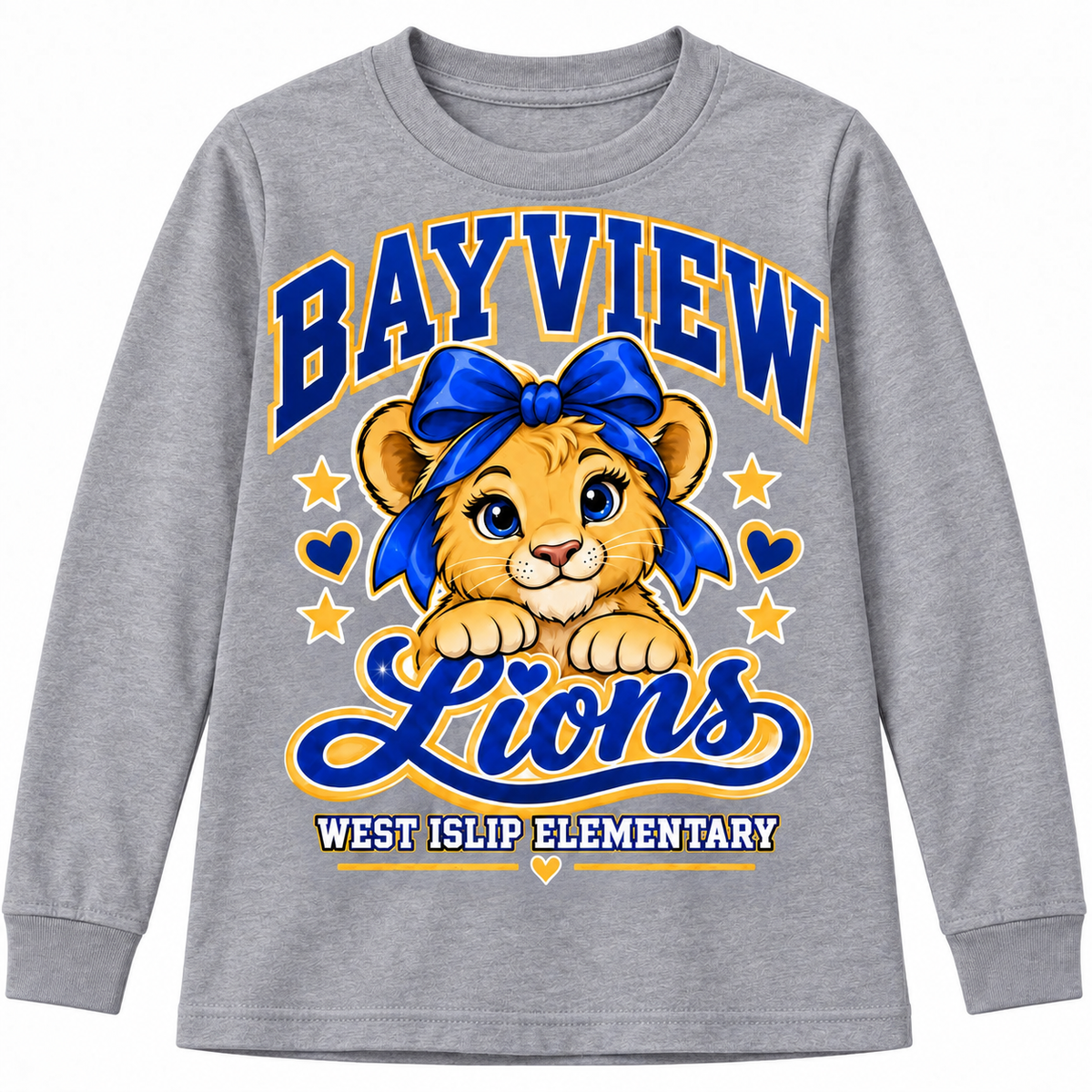 Bayview Elementary West Islip bow lion long-sleeve, Heather Gray, front view