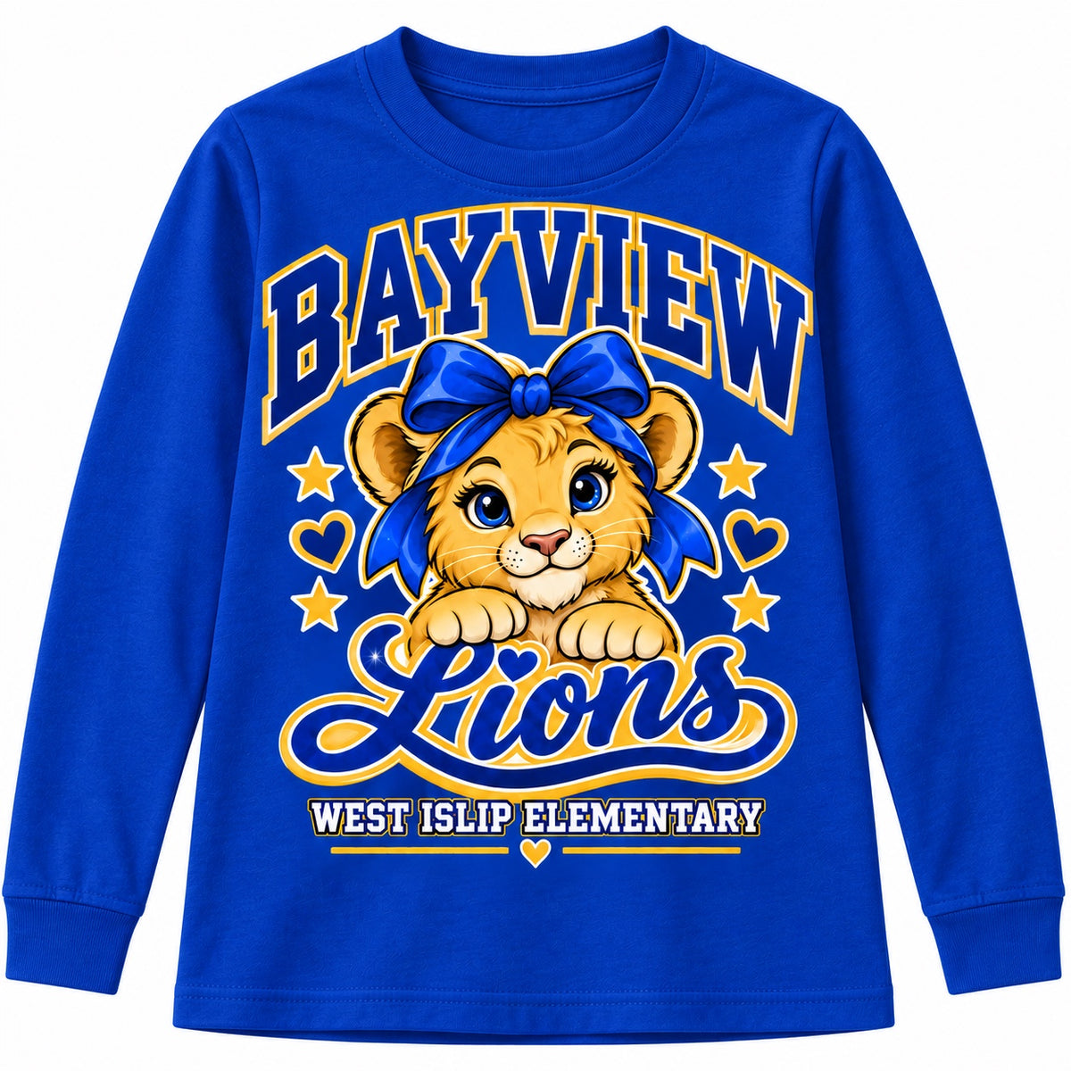 Bayview Elementary West Islip bow lion long-sleeve, Royal Blue, front view