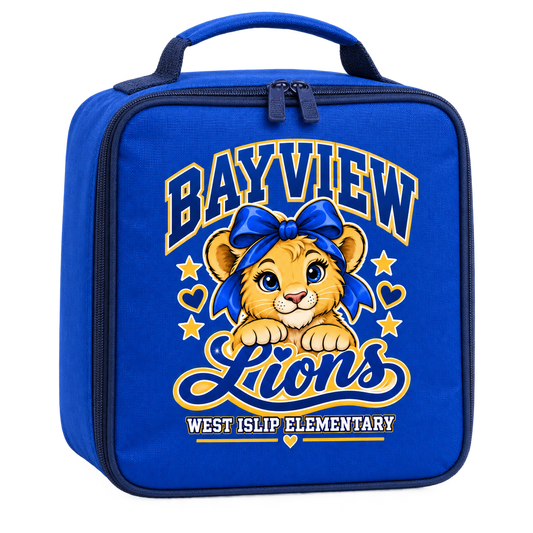 Bayview Elementary lunch box with golden bow lion print in blue and gold, West Islip