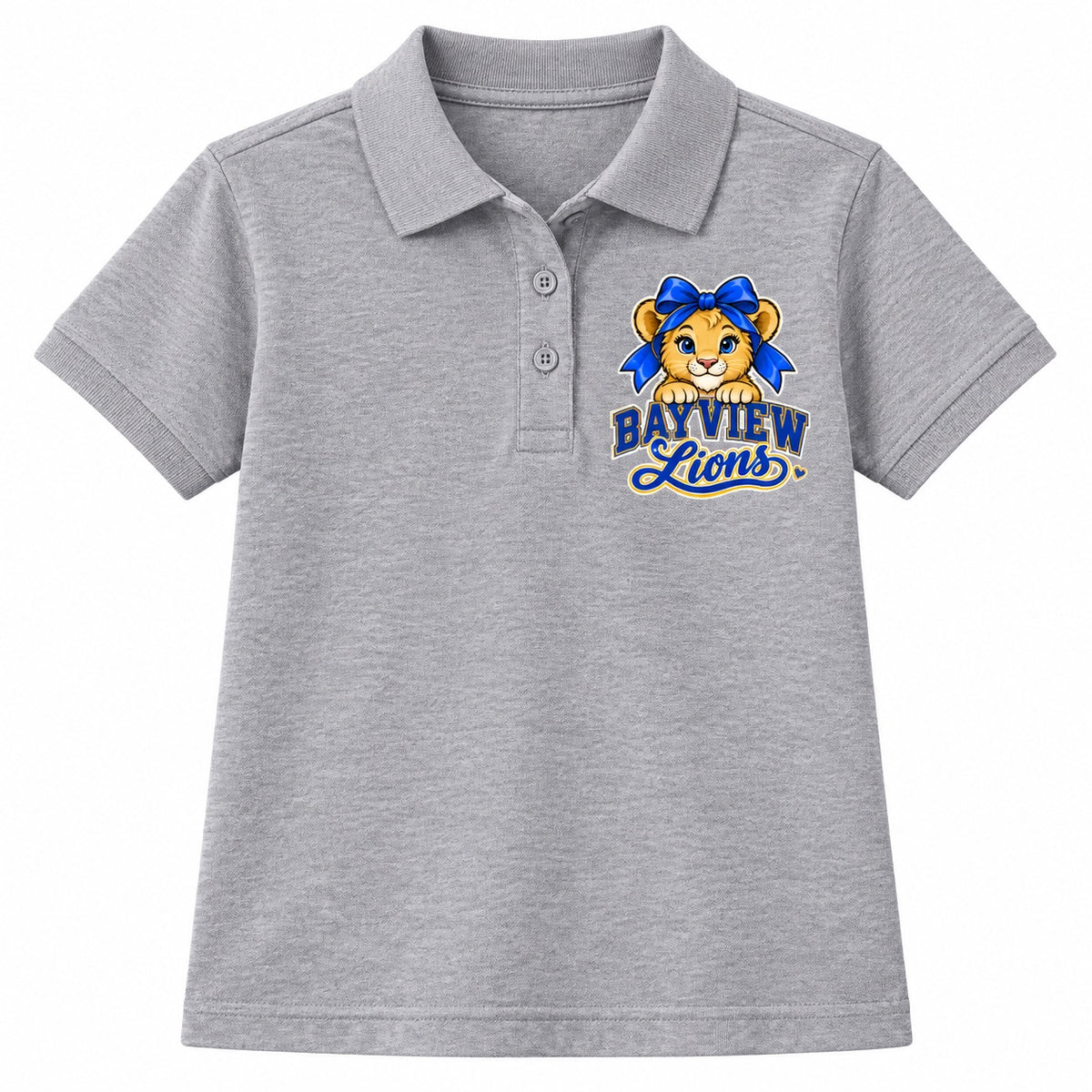 Bayview Elementary West Islip bow lion polo, Heather Gray, front view