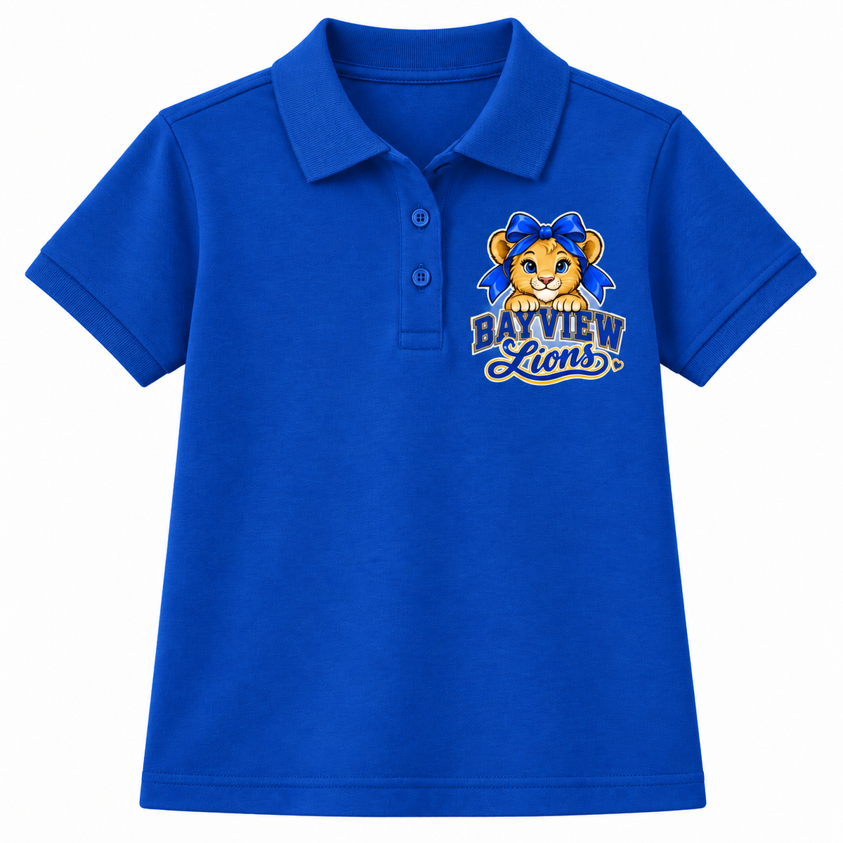 Bayview Elementary West Islip bow lion polo, Royal Blue, front view