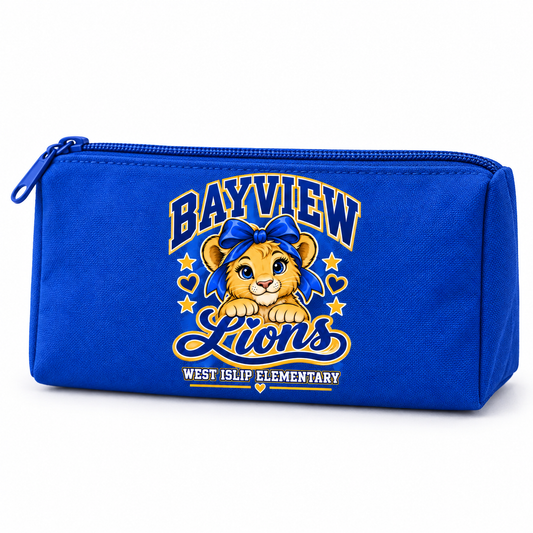 Bayview Elementary zipper pencil pouch with golden bow lion print in blue and gold, West Islip