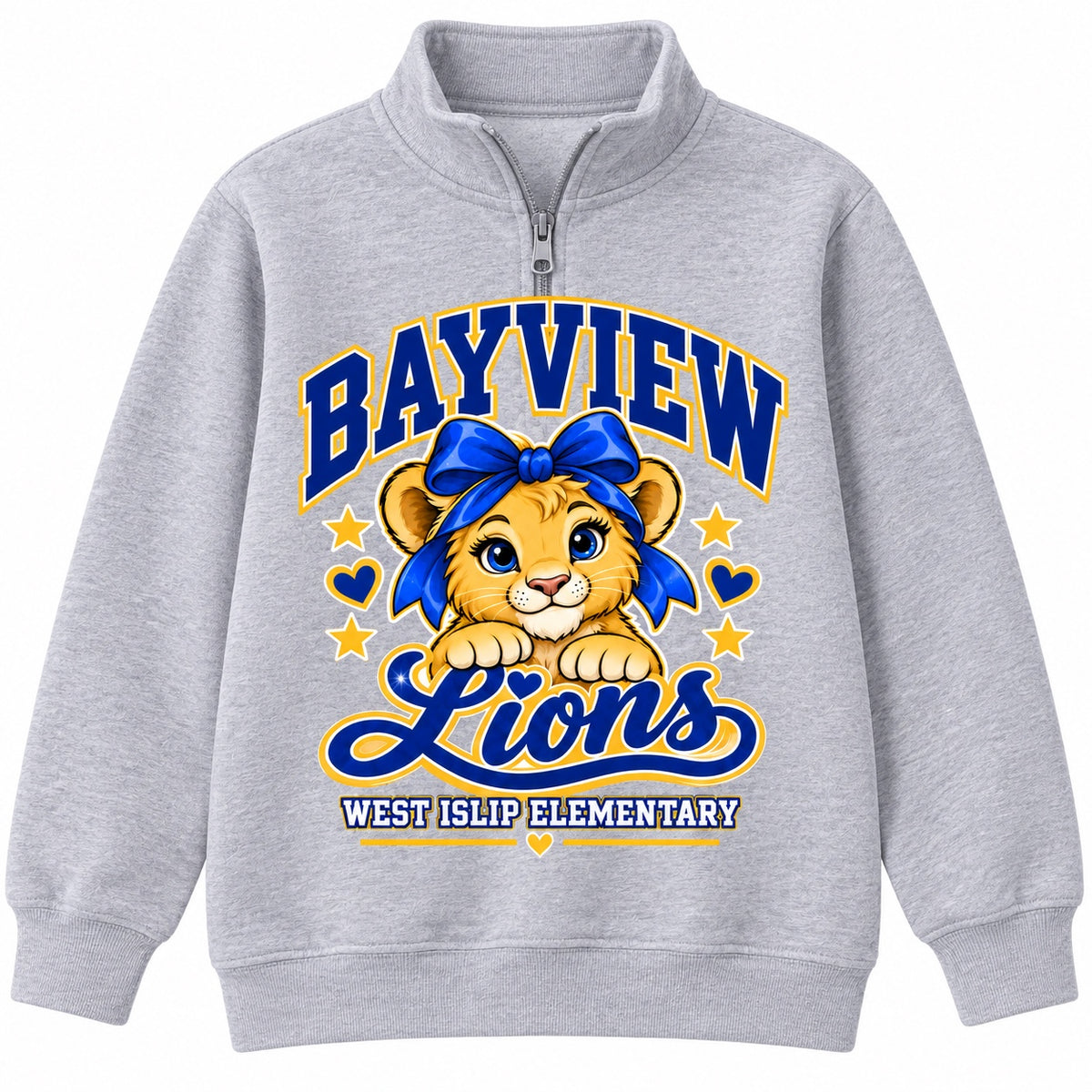 Bayview Elementary West Islip bow lion quarter-zip, Heather Gray, front view