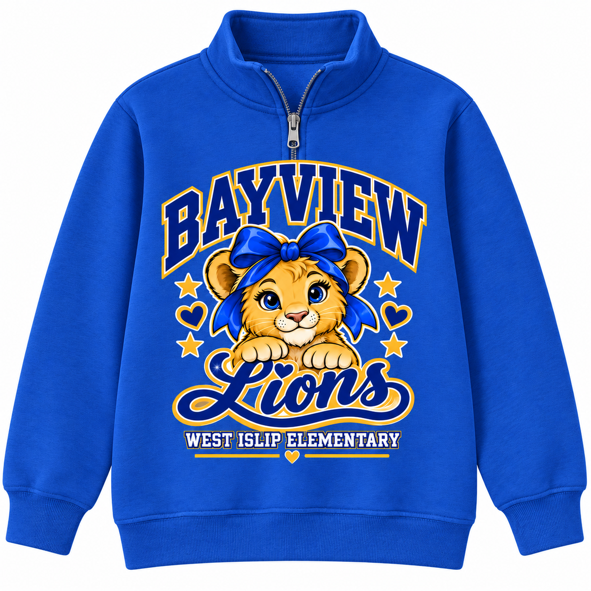 Bayview Elementary West Islip bow lion quarter-zip, Royal Blue, front view