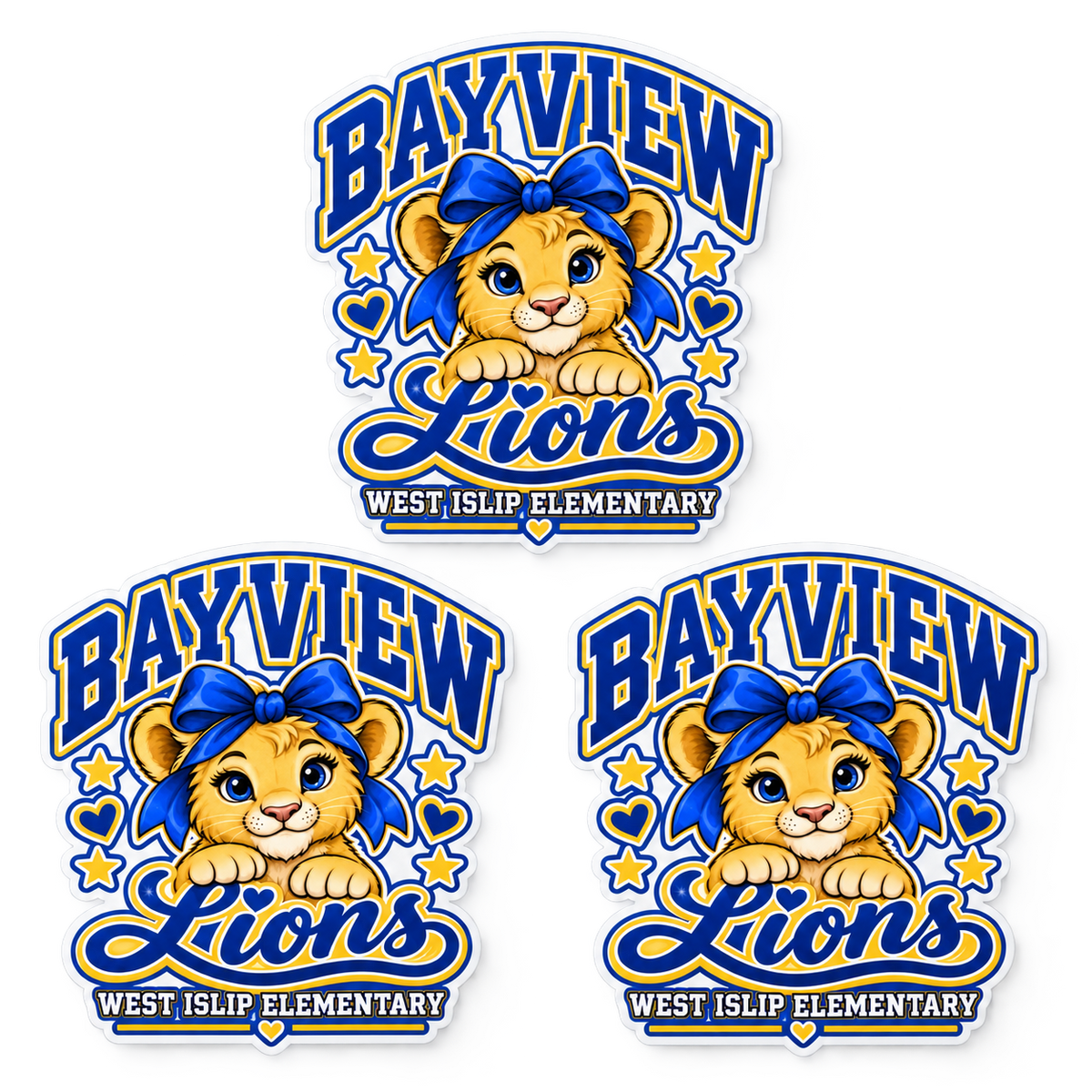 Bayview Elementary 3-pack die-cut stickers with golden bow lion print in blue and gold, West Islip
