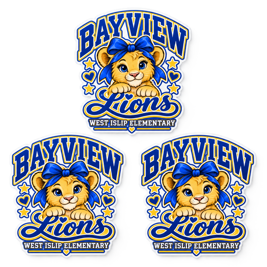 Bayview Elementary 3-pack die-cut stickers with golden bow lion print in blue and gold, West Islip