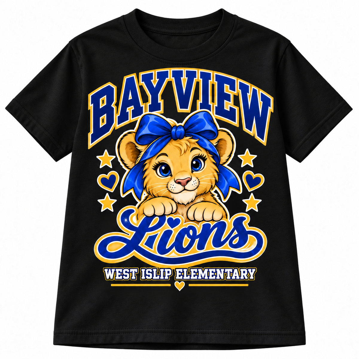 Bayview Elementary West Islip bow lion tee in Black, front view