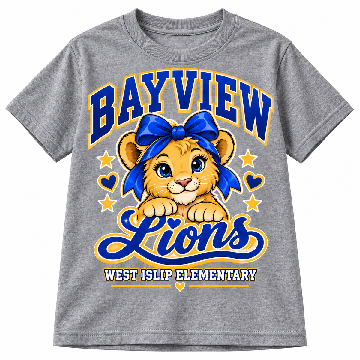 Bayview Elementary West Islip bow lion tee, Heather Gray, front view