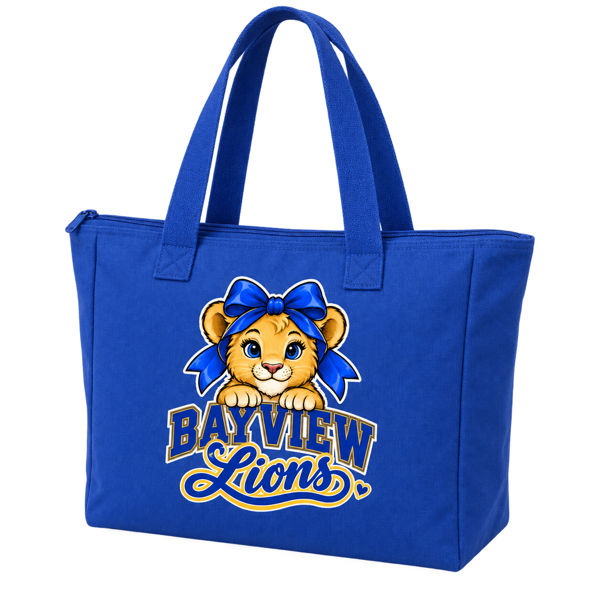 Royal Blue Bayview Elementary zipper tote bag with golden bow lion print, West Islip