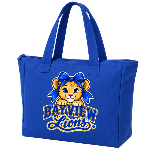 Royal Blue Bayview Elementary zipper tote bag with golden bow lion print, West Islip