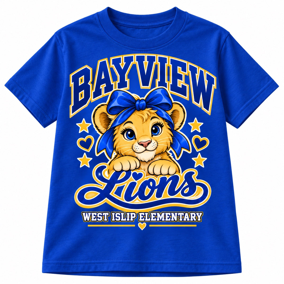 Bayview Elementary West Islip bow lion youth T-shirt in Royal Blue, front print