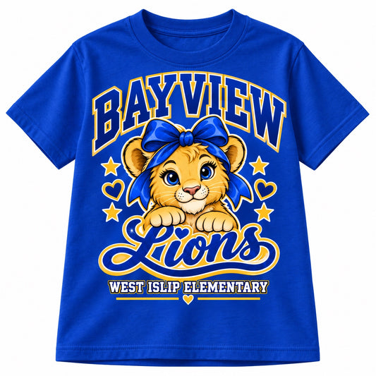 Bayview Elementary West Islip bow lion youth T-shirt in Royal Blue, front print